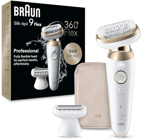 Braun Silk-épil 9 Flex Epilator, 360 Flex and Pivoting Head, Wet and Dry, Includes Shaver Head, Trimmer Comb, SES9-041 3D, Tinted Gold