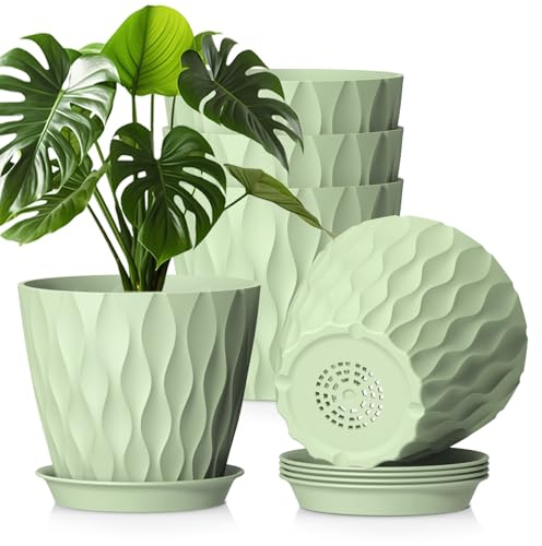 WSMKSZ 20cm Plant Pots Indoor Outdoor, 5 Pack Decorative Flower Pots | Plastic Planters Pots with Saucers & Drainage Holes, 3D Modern Wave Texture, for Pothos, Peace Lilys&House Plants, Green