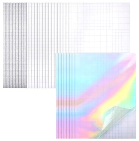 QWORK® 32 Sheets Holographic Cold Laminate Sheets A4 – Waterproof Vinyl Overlay Film for Stickers, Scrapbooking & DIY Crafts – Rainbow, Glitter, Matte & Glossy Self-Adhesive Paper