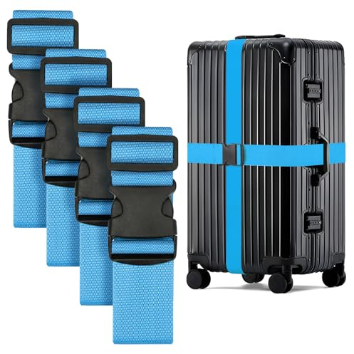 WISYOK Luggage Straps Extended, 4 Pack, 130-250cm Adjustable, SkyBlue | Case Strap for Suitcase, Luggage Belt with Quick Release Buckle, Suitcase Identifier for Travel, Flight, Vacation, Trip