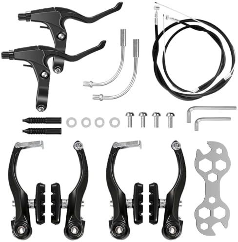 Cykelbromsuppsättning svart, cykelbromsuppsättning komplett, V-broms universell med 72 cm främre och 175 cm bakre MTB-broms, bromsvajrar och bromsspakskit för mountainbikes och racercyklar