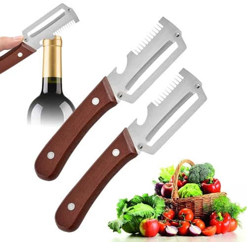 3 in 1 Zero Snag HolzschäLer, SparschäLer, Multifunktionaler GemüSeschäLer, SchäLer Mit Holzgriff Aus Edelstahl, Mit Integriertem FlaschenöFfner FüR Obst,GemüSe Fleischscheiben (C-2 Stück)