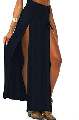 Fahou Femmes Taille Haute Sexy Double Fente Devant Ouvrir Tricot Maxi Jupe Longue Couleur Unie Plissée Irrégulière Ourlet De Plage Robe Bikini Cover Up