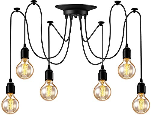 YNXing Vintage Edison Suspension Réglable Lampe Suspendue Luminaires Industriels Noir Lustre 1/3/5/6 Tête (6 supports de lampe)