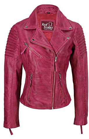 Xposed Womens Vintage Slim Fitted Soft Real Leather Ladies Biker Jacket UK Size 6 – 24[Ayesha,Pink,2XL-16]