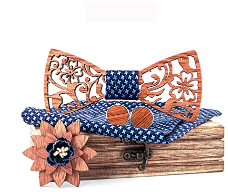 RQPYQF Ensemble de 4 Pièces Noeud Papillon en Bois, Boutons de Manchette, Broche et Carré de Poche - Fait Main, Accessoire Mode (Style#17)