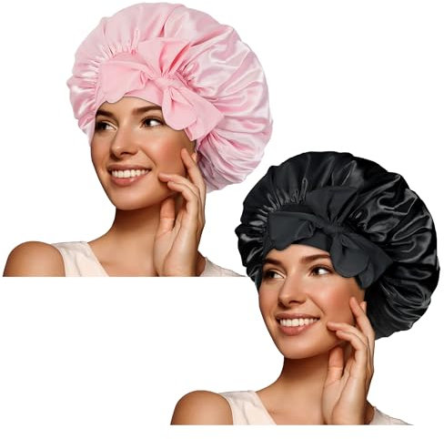 BONNET QUEEN Seidenhaube zum Schlafen Silk Bonnet Schlafhaube Seidenhaube Satin Hair Haarhaube Sleep Cap für locken Haare für Damen mit Verstellbare Bindeband, Schwarz & Hellrosa