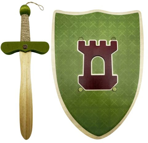 Scudo e Spada Medievale in Legno con Rilievo - Bambino e Bambina - Costumi Medievali Bambini, Costumi Cavaliere Medievale, Regali Compleanno, Accessori, Giochi Imitazione, Giocattoli (30 cm, Verde)