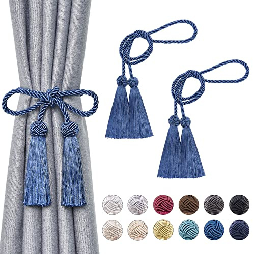 Pretty Jolly Confezione da 2 fermatende con nappa a doppia estremità, fatta a mano, in corda intrecciata, fermatende decorativi in stile europeo per casa e ufficio (blu navy)