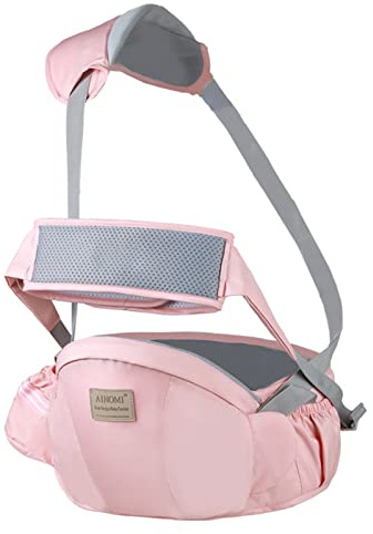SONARIN Multifuncional Transpirable Portabebé Asiento de Cadera,Portador de Bebé Taburete de Cintura Ergonómico con Cinturón de Seguridad & Correa de Hombro para 3-36 Meses(Rosa)