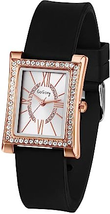 JewelryWe Damenuhr Silikon Uhren Damen - Schwarz Quadrat Strass Analog Quarz Armbanduhr mit Silikon Gummi Armband und Rechteckigem Gehäuse Beiläufige Uhr für Frauen Mädchen