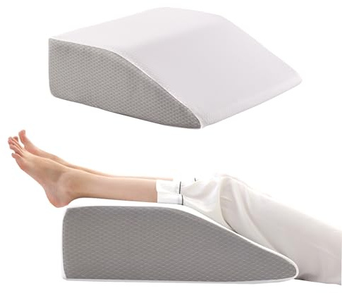 Bedluxe Leg Pillow Elevation Blood Circulation, Wedge Pillow for Legs Swelling, Leg Elevating Wedge Pillow for After Surgery, Foot Knee Pillow for Leg Rest, Sleeping, Memory Foam Top, 8in, White/Grey