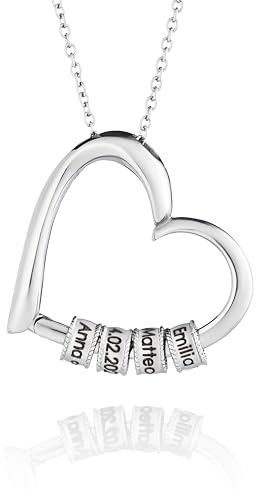 MYCLUSIV® Collana con Cuore e Perle Incise – Collana Personalizzata per Donna e Mamma – Incisione su Acciaio Inossidabile (Argento)