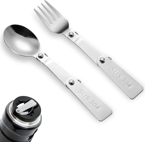 2stk Ersatzlöffel und Gabel für Thermos, Edelstahl Faltbarer Löffel und Menügabel für Outdoor Reisen Ersatzteile Kompatibel mit Thermos Funtainer 16oz Food Jar