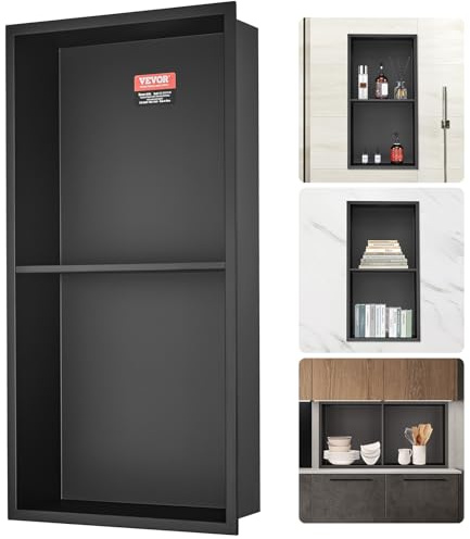 VEVOR Nicho Empotrable para Baño 33,02x63,5 cm Nicho de Ducha Montado en Pared Estante Doble Acero Inoxidable 304 Sellado Impermeable Fácil de Limpiar para Ducha Almacenamiento de Jabón Baño, Negro