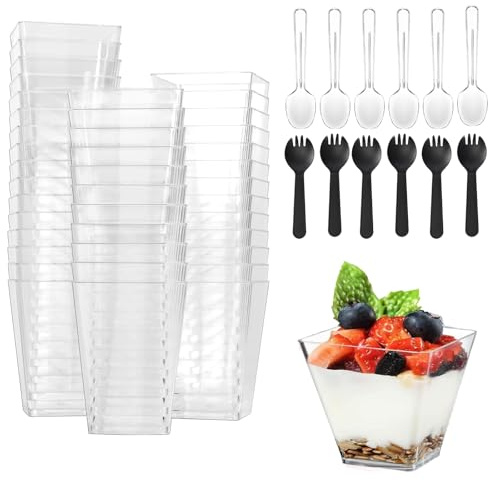 PLATEYTR Bicchieri da dessert, 50 mini bicchieri da dessert con 50 cucchiai, ciotole da dessert da 60 ml, in plastica trapezoidale, ciotole trasparenti per dessert, budino, mousse feste
