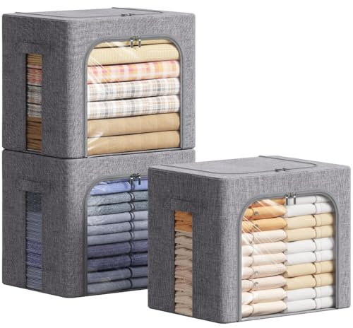 Lifewit 3 pezzi Scatole per Armadio Rigide con Cerniera, Organizzatore Armadio con Struttura in Metallo Pieghevole, Contenitori per Armadio Impilabili per Vestiti, Trapunte, Piumone, Grigio, 40L