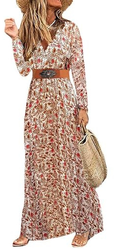 Woolicity Womens Summer Maxi Dress Boho Floral Wrap V Neck Long Sleeve Beach Flowy Long Dresses Red XXL