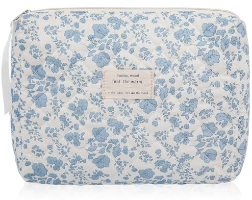Gosect Floral Makeup Bag, Large Cosmetic Bag for Women Girls, Cute Cotton Make up Pouch, Quilted Makeup Bags, Flower Travel Toiletry Organizer Bag(Blue Floral)