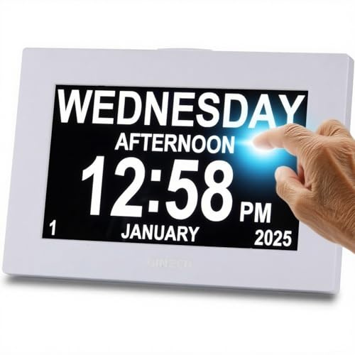 GINZER Demenz Uhr mit Touchscreen Design 2025 Neu, Digitaluhr 8 Zoll Großes Display Sprechende Kalenderuhr, mit Datum und Tag für ältere Alzheimer, Wecker mit HD Digitaler Bilderrahmen