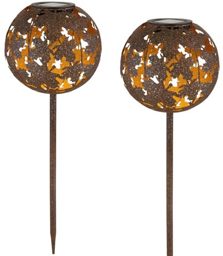 bmf-versand® Solarlampen für Außen Garten stehend 2er Set - Solarleuchte Erdspieß Rost Optik - Gartenlampe Solar - Solarbeleuchtung für Terrasse und Balkon - Gartenleuchte Kugel