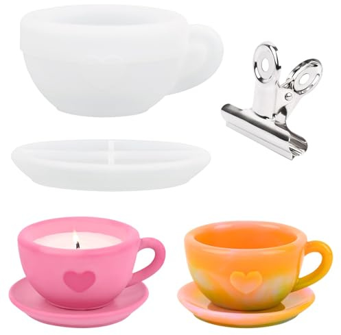 Moldes de Silicona para Tazas de Café,DIY Molde para velas, Moldes de Resina Epoxi con Platillos y Pinza,Manualidades de bricolaje, moldes de silicona para yeso,Regalos joyería y decoración del hogar
