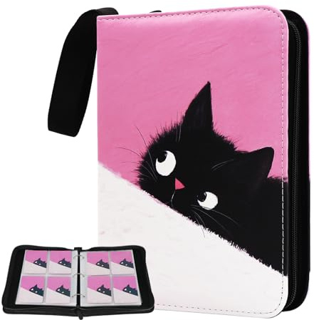 Cute Cat Card Binder, 400 Pocket Card Album for Girls Gifts, Black Cat kitten Trading Game Card Holder Album for Standard Size Cards, Collectible Game Collection Case (Pink)