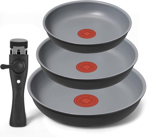 BLAZANT 4-teiliges Pfannenset abnehmbarer Griff, 20/24/28 cm Pfannen, Pfannenset Induktion mit Thermo-Signal, antihaftbeschichtet, induktionsgeeignet, einfache Handhabung und Reinigung, Backofenfest