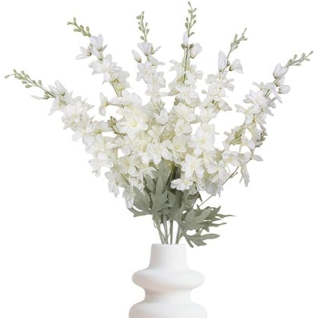 6Pcs Delphinium Artificial Flowers,33.8'' Long Stem Faux Larkspur Silk Flowers,Fake Plant Plastics Flower for Tall Vase Home Wedding Floral Arrangement Centerpiece Table Decorations (White)