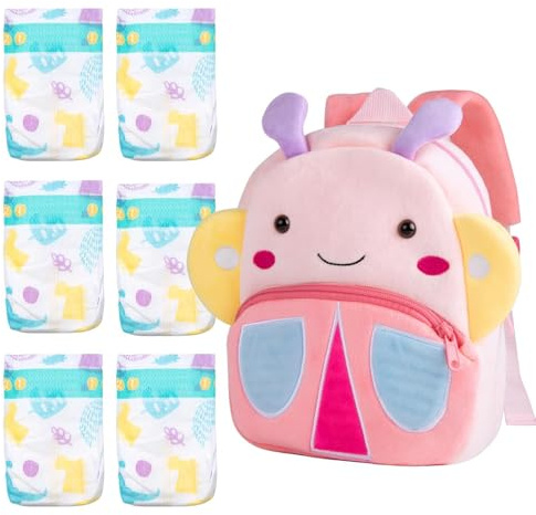 7 Pcs Reborn Baby Dolls Diapers Bag for 17-22 Inch Babydolls, Reborn Babys Dolls Accessories with Butterfly Bag and Diapers Set for Realistic Babydolls Girls, Pink