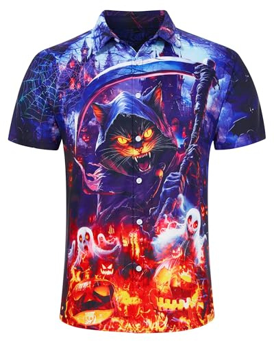 RAISEVERN Halloween Hawaiian Shirts 3D Printed Festival Funny Ugly Cat Pumpkin Rave Mens Loud Funky Bad Taste Shot Shirt Crazy Stag Party, XXL