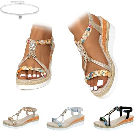 Sandalias de cuña bohemio para mujer de ancho amplio, sandalias de plataforma casuales, ortopédicas, cómodas, para caminar, con puntera abierta, ajustables, con correa al tobillo, elegantes, de verano
