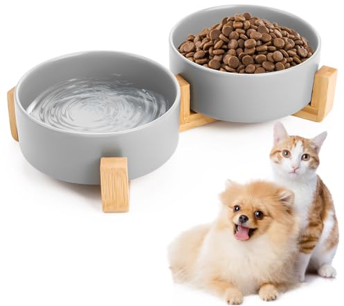 Hundskål keramik, dubbel matskål hund, hundskål upphöjd med bambustativ och halkfri matta för små till medelstora hundar