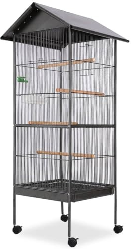 Lumanois Cage à Oiseaux avec Toit Acier Noir 66x66x155 cm | Volière Intérieure Extérieure pour Perruches Perroquets Canaris | Grande Cage Oiseau avec 4 Perchoirs Bois, roulettes, Bac Nourriture et