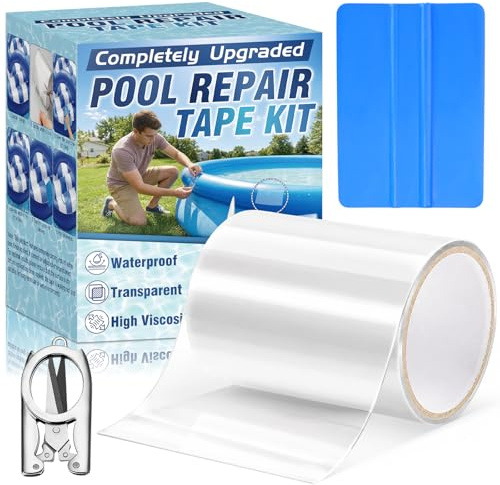 HuakChai Kit di riparazione per piscina, impermeabile, 10 x 150 cm, in PVC, autoadesivo, con forbici e lavavetri, per piscine gonfiabili, gommoni e materassi ad aria