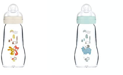 MAM Feel Good Gourde en verre, bouteille de lait avec ouverture large, gourde pour bébé stable avec tétine Taille 1 & Biberon en verre – Tétine Débit 2 Moyen pour bébé à partir de 2 mois — Bleu