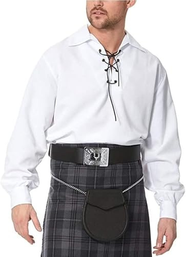 BRAW CLANS TARTANS Mens Ghillie Shirt Jacobite with Leather Lace - Scottish Kilt Shirt Long Sleeve - Traditional Medieval Pirate Costume Top - Black or White Ghillie Shirts for Men