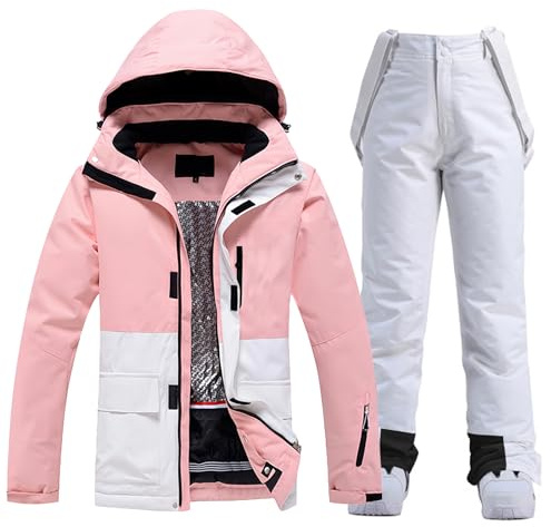 RIUIYELE Women's Ski Jackets and Pants Set Waterproof Insulated Snowsuit Winter Warm Skisuit Fashion Snowboarding Snow Coat (Pink+White,XL)