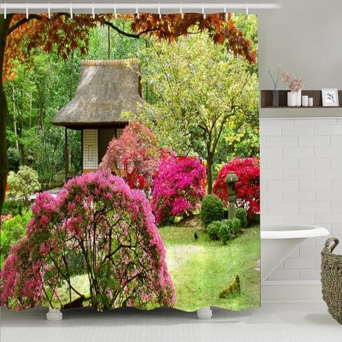 Simpomsy Garden Shower Curtain 3D Garden View Flowers Trees Outdoor Nature Scenery Waterproof Cloth Fabric Bathroom Decor Set with Hooks 180x180cm