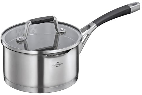 Küchenprofi COOK Stielkasserolle BOLOGNA | Edelstahl Kasserolle mit Deckel aus Sicherheitsglas | Induktionsgeeignet | Ausgießer | Stieltopf mit feinem und groben Sieb | Mehrschichtboden | Ø 16 cm