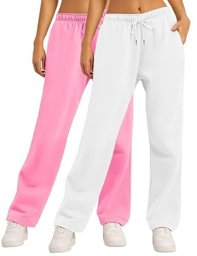 2 Pack Straight Leg Joggers Womens Elasticated Waist Casual Sweatpants Ladies Plain Comfy Leisure Sport Lounge Pants Drawstring Tracksuit Bottoms Activewear Trousers with Pockets