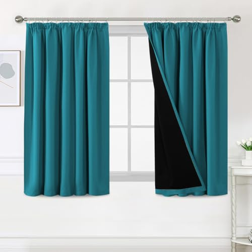 BellaHills 100% Blackout Curtains for Bedroom Thermal Insulated Curtains & Drapes Blackout Curtains Pencil Pleat Curtains for Living Room with Black Liner 2 Panels Set, 46 x 54 Inch, Turquoise Blue
