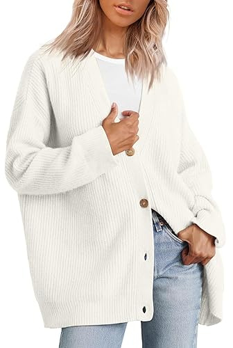 TANMESSO Maglione cardigan oversize con scollo a V alla moda per le donne abiti autunnali casual in maglia con bottoni frontali, bianco, M