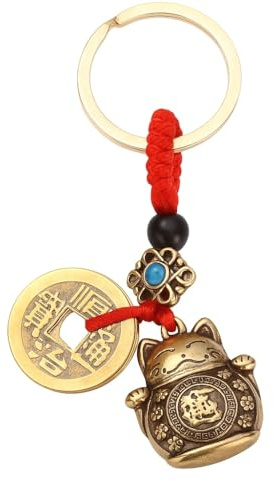 Trifletopia 1PC Lucky Cat Keyring - Maneki Neko Fortune Cat Key Chain - Metal Lucky Charm Pendant with Coin - Bag Accessories Gift Decoration - Gold