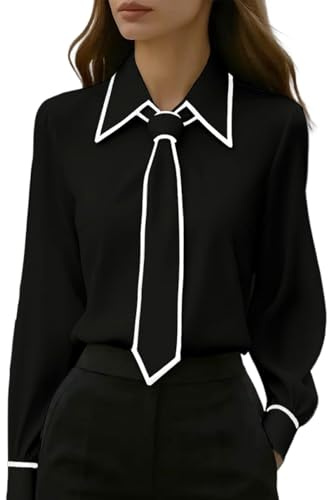 utcoco Women's Button Down Shirts Work Office Tie Neck Long Sleeve Dress Shirt Business Casual Blouses Tops (XX-Large, Black)