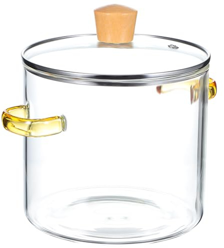 MUCKLILY Cacerola de Cristal Transparente 2300 Ml Doble Asa y Tapa de Madera Perilla Amarilla Olla de Vidrio para Cocción a Fuego Lento en Estufa Olla Grande para Guisos y Sopas