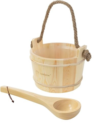 LuxeBath Set di Accessori per Sauna in Legno di Pino Massiccio con Inserto in Plastica, Kit Sauna Collezione Benessere 2 Pezzi Durevoli, Secchiello per infusione di 4 L con Manico in Corda e Mestolo