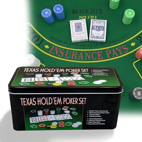 Kit de Poker 200 Jetons, Texas Holdem Set de Poker en Boite Métallique avec Tapis, 5 Couleurs Numérotés pour Soirée Jeux, Coffret de Complet pour Adultes (Kit de Poker 200 Jetons)