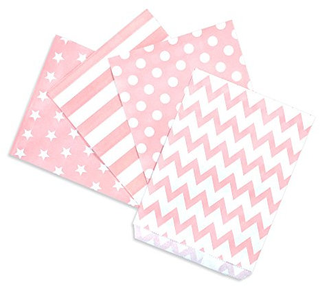 Frau WUNDERVoll® 100 PAPIERTÜTEN ROSA, STERNE, STREIFEN, PUNKTE, ZACKEN 13 x 16,5 cm, 45 Gramm Papier, flach / Candy Bar, Hochzeit, Kindergeburtstag, Papiertütchen, Candybag, Tüten, Mitgebseltüten