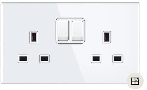 Sardini Home Full Glass Bianco White Tempered Glass UK 3-pin 13A Double Switched 2 Gang Plug Wall Socket with Scratch Resistance (Updated Model)